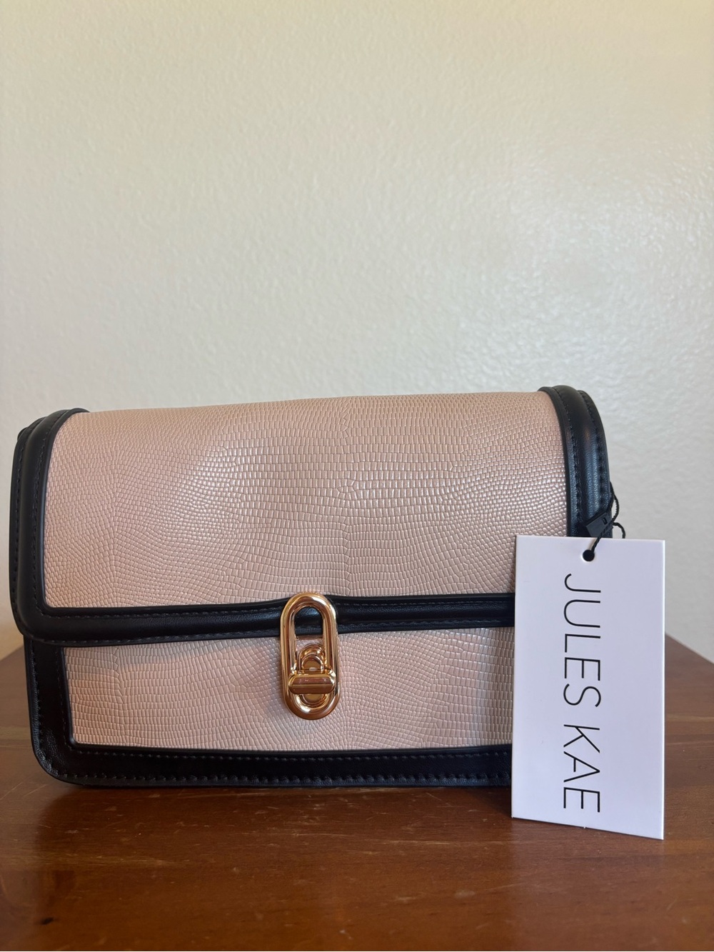 NWT Jules Kae Mia Blush and Black Textured Crossbody Bag with Gold Accent
